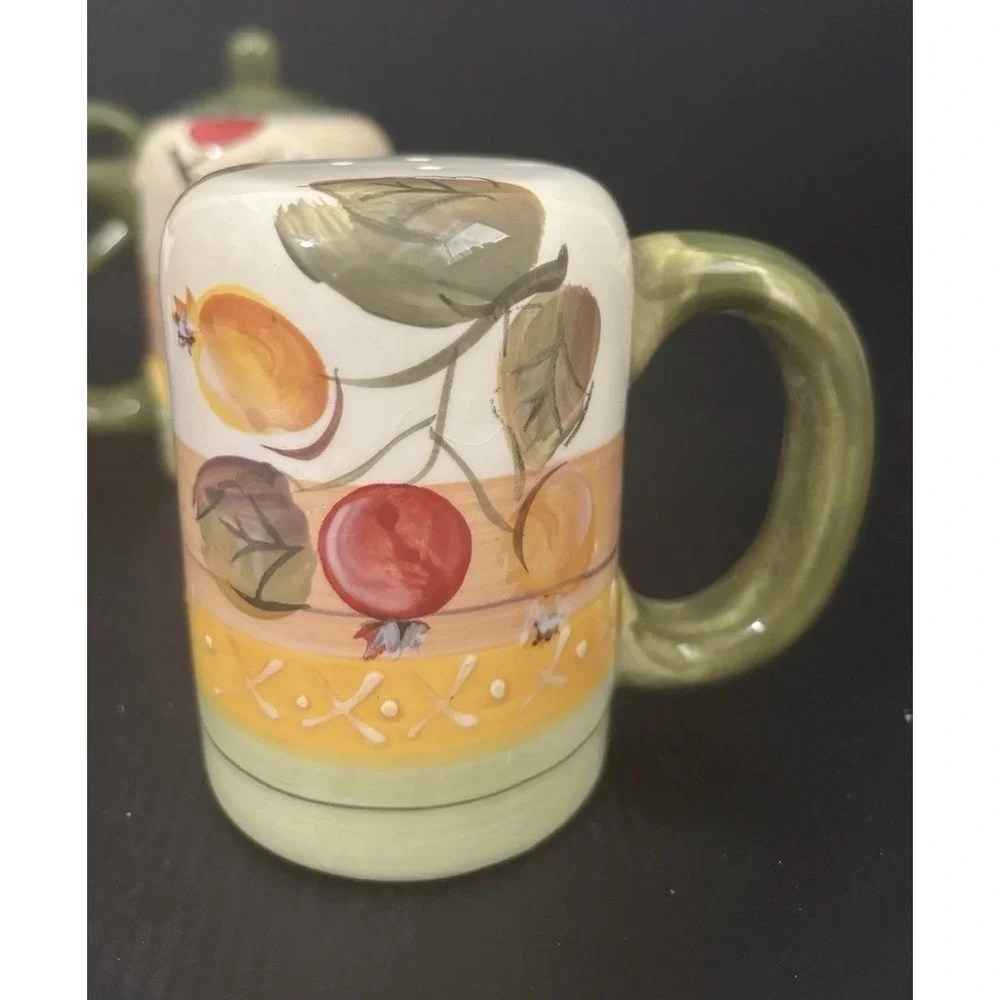 Gibson Fruit Creamer Sugar/Lid Salt and Pepper Shakers Green Handle Farmhouse
